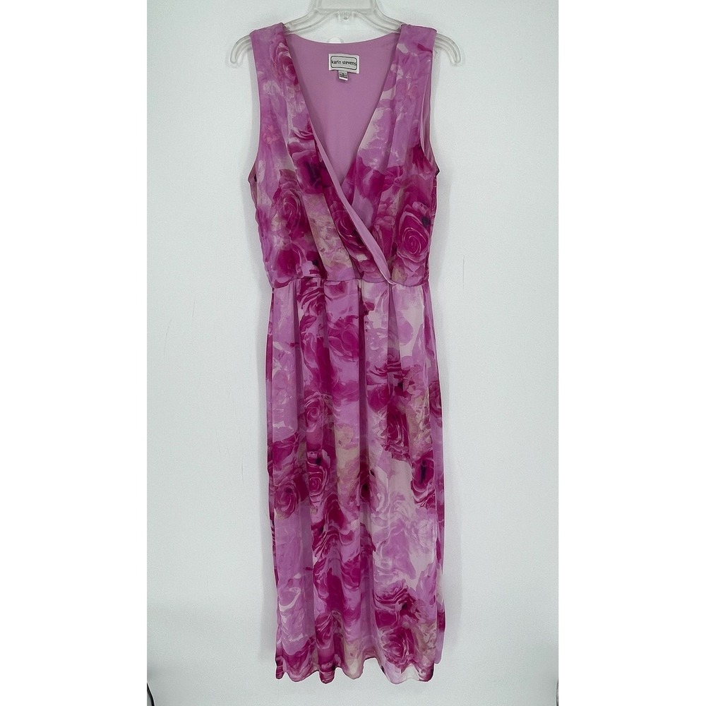 Karin Stevens Women's Vintage Pink Floral Faux Wrap Chiffon Maxi Dress Size 12